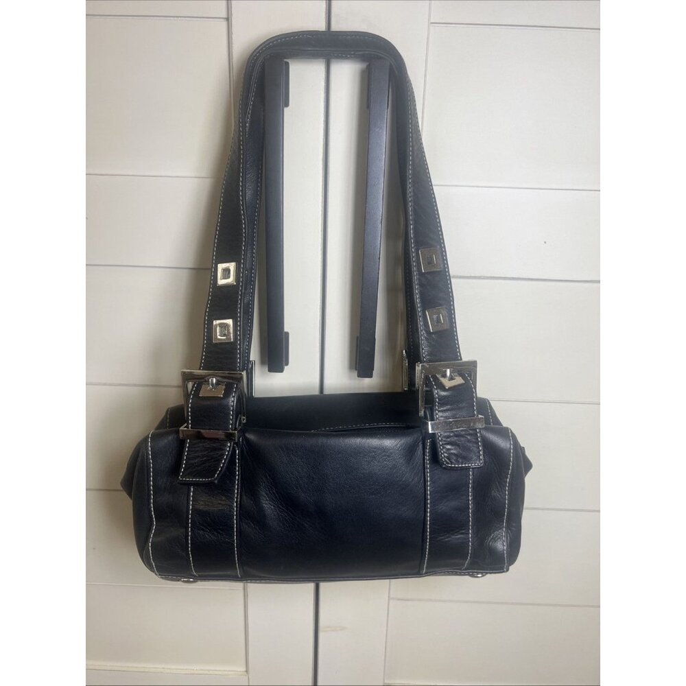 Perlina Black Soft Leather Shoulder Bag Contrast Stitching Y2K Baddie Style Bag
